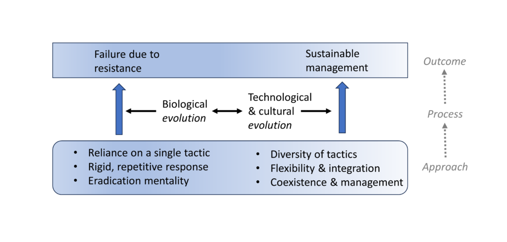 Image shows two boxes filled with color gradients connected with two arrows pointing from the lower box to the upper box. The lower box (approach) shows reliance on a single tactic, rigid, repetitive response, and eradication mentality on the left side, and diversity of tactics, flexibility & integration, and coexistence & management on the right side. The upper box (outcome) shows failure due to resistance on the left side and sustainable management on the right side. In between, there are biological evolution pointing to the left vertical arrow and technological & cultural evolution pointing to the right arrow. The two are connected with a double-headed arrow and denote process.